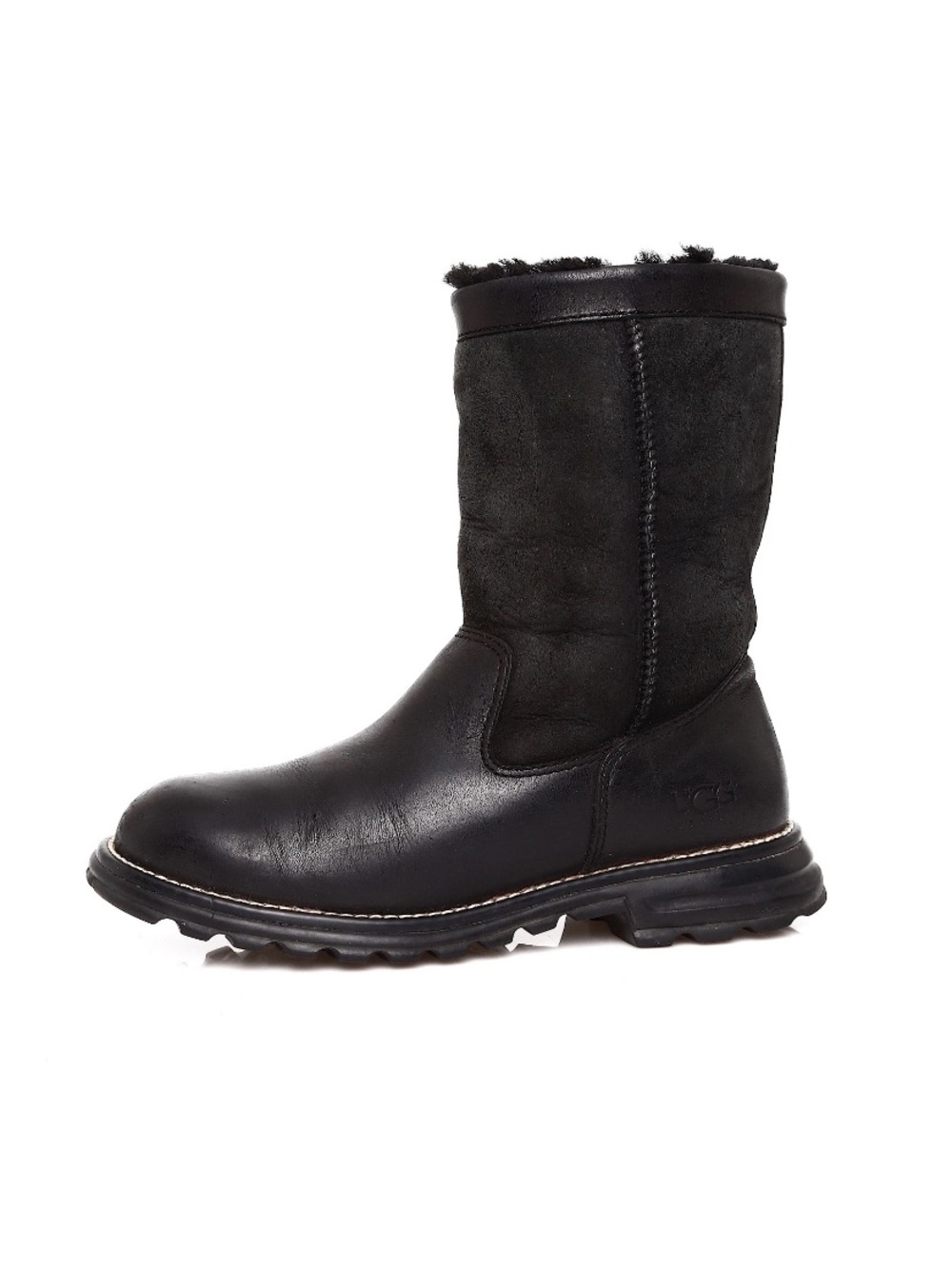 UGG Black Leather and Suede Mid-Calf Shearling Boot